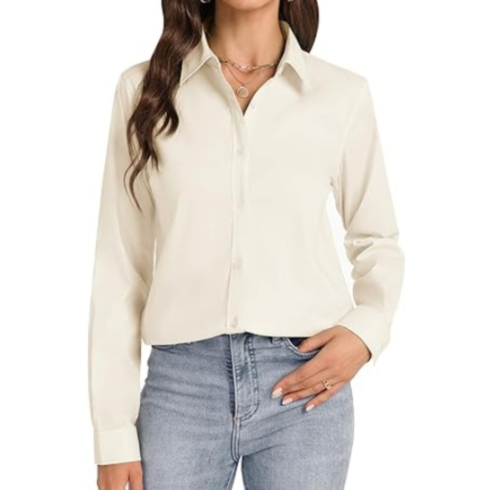 Button Down Long Sleeve Stretch Solid Work Shirt Beige